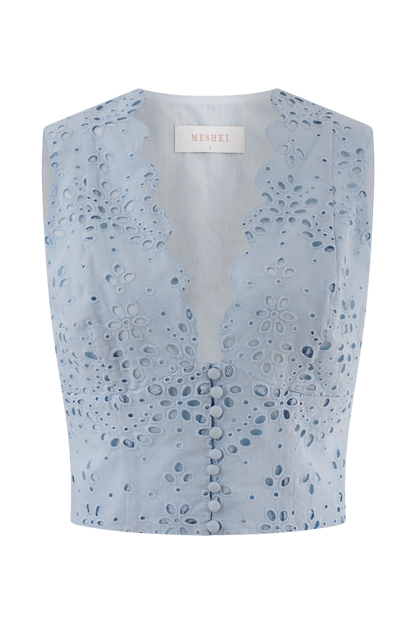 Arla Sleeveless Broderie Top - Pale Cornflower Blue