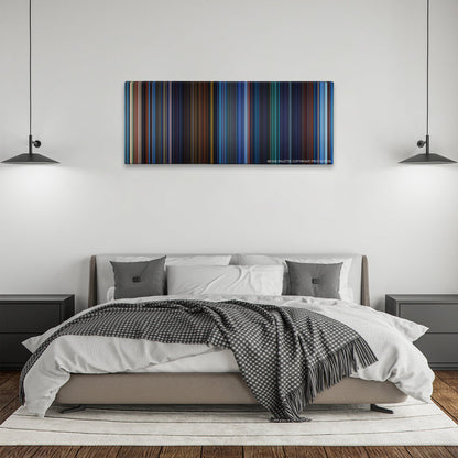 Atlantis: The Lost Empire color palette canvas above a bed, between two black pendant lamps