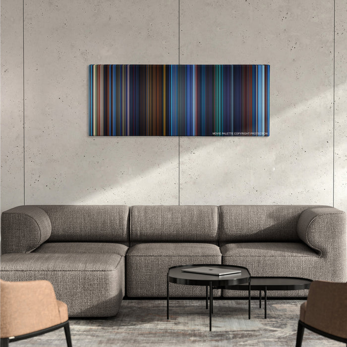 Atlantis: The Lost Empire color palette canvas on a concrete wall above a gray sectional sofa