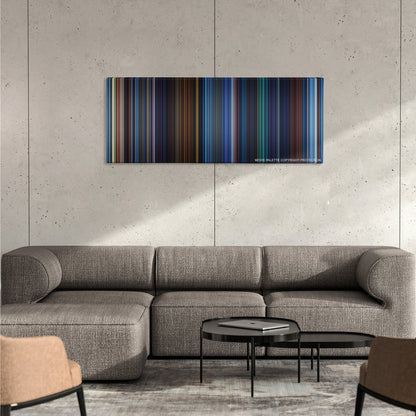Atlantis: The Lost Empire color palette canvas on a concrete wall above a gray sectional sofa