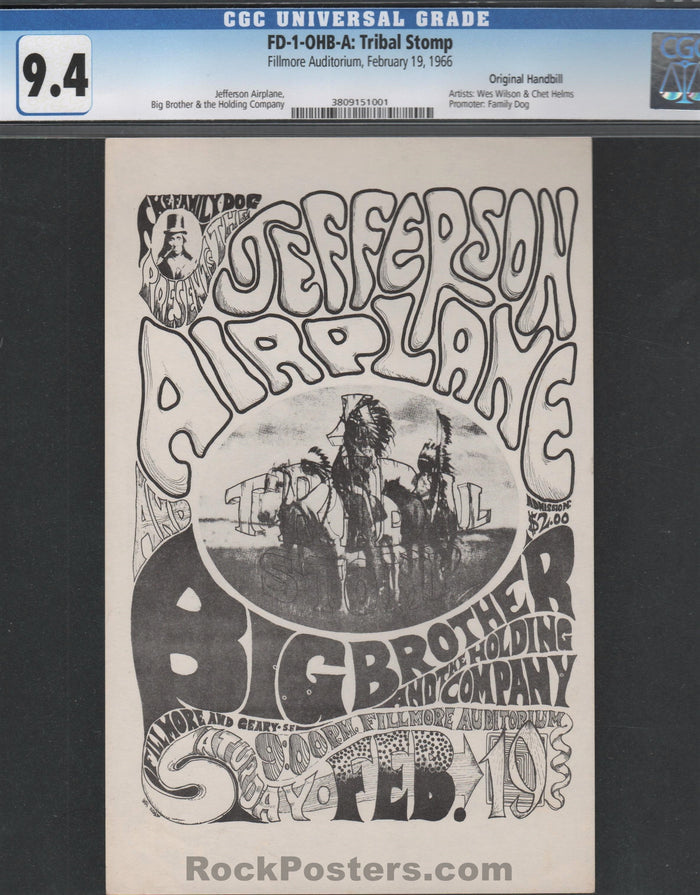 AUCTION - FD-1 - Jefferson Airplane - Big Brother - 1966 Handbill - Fillmore Auditorium - CGC Graded 9.4