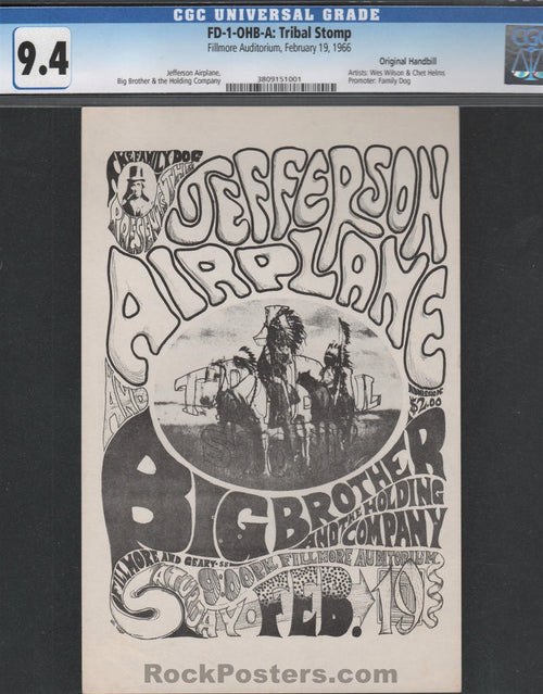 AUCTION - FD-1 - Jefferson Airplane - Big Brother - 1966 Handbill - Fillmore Auditorium - CGC Graded 9.4