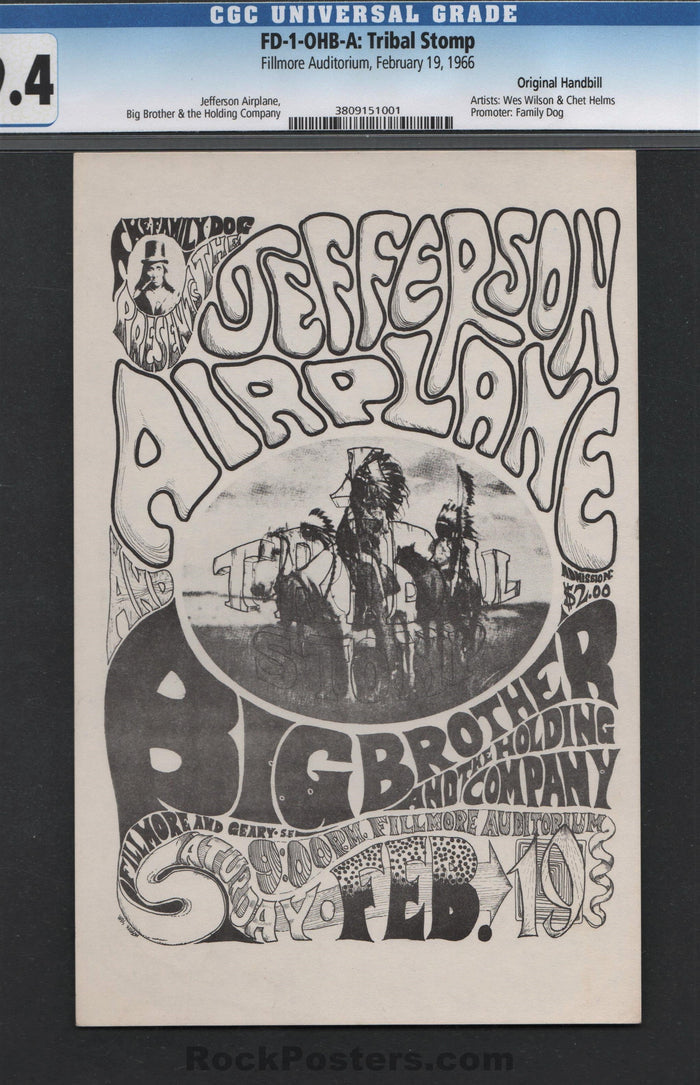 AUCTION - FD-1 - Jefferson Airplane - Big Brother - 1966 Handbill - Fillmore Auditorium - CGC Graded 9.4