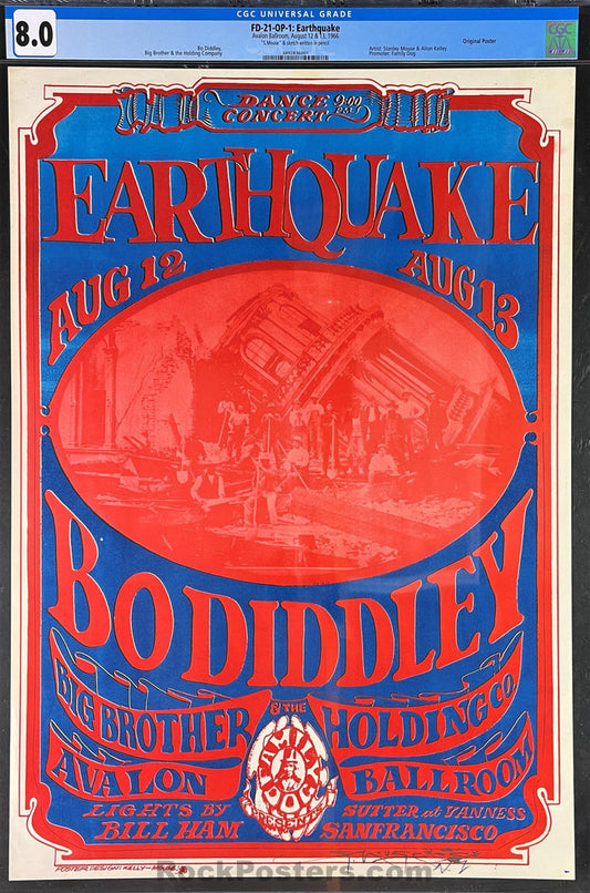 AUCTION - FD-21 - "Earthquake" Bo Diddley - Mouse Signed - 1966 Poster - Avalon Ballroom - CGC Graded 8.0 - SF Rock Posters & Collectibles
