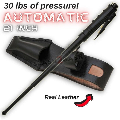 AUTOMATIC Baton Police Grade W/Leather Solid Metal Stick Black