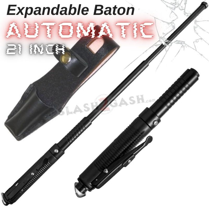AUTOMATIC Baton Police Grade W/Leather Solid Metal Stick Black