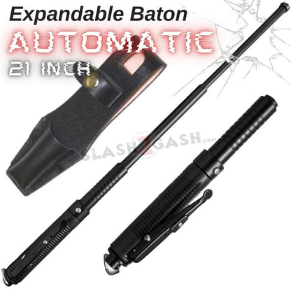 AUTOMATIC Baton Police Grade W/Leather Solid Metal Stick Black