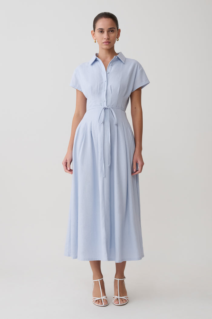Aysha Buttoned Linen Midi Dress - Cornflower Blue
