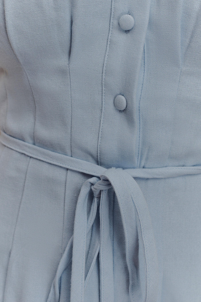 Aysha Buttoned Linen Midi Dress - Cornflower Blue