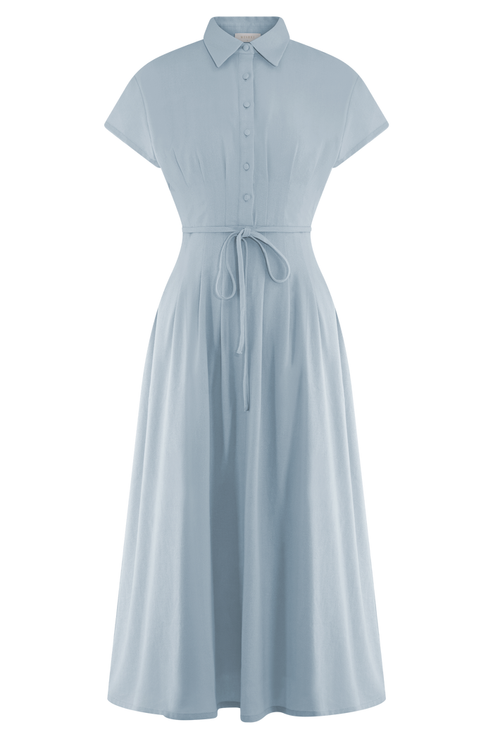 Aysha Buttoned Linen Midi Dress - Cornflower Blue