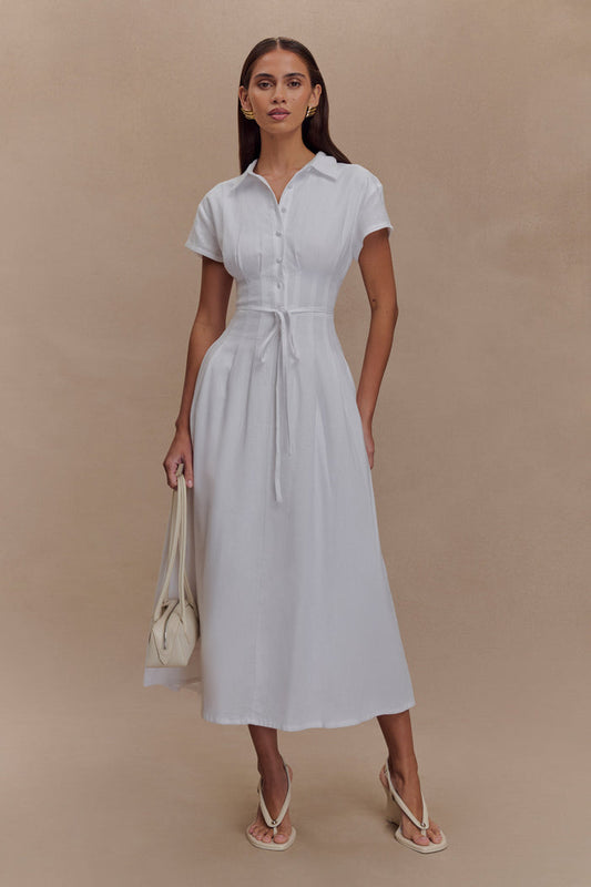 Aysha Buttoned Linen Midi Dress - White
