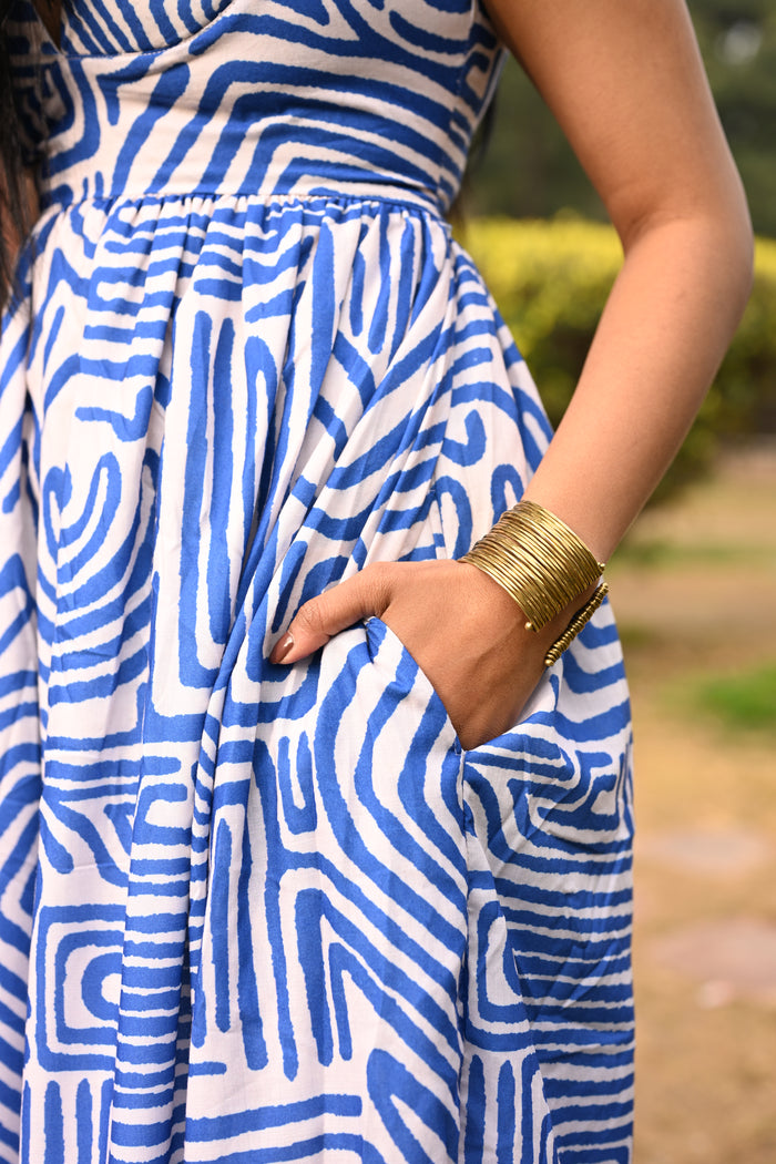 Azure Maze Printed Padded Midi Dress