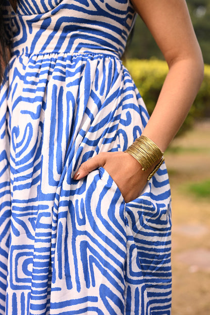 Azure Maze Printed Padded Midi Dress