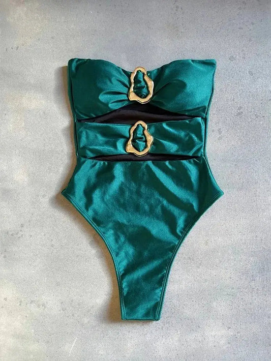 Green bandeau one piece swimsuit with gold metal rings – High leg cut women – FTF Market