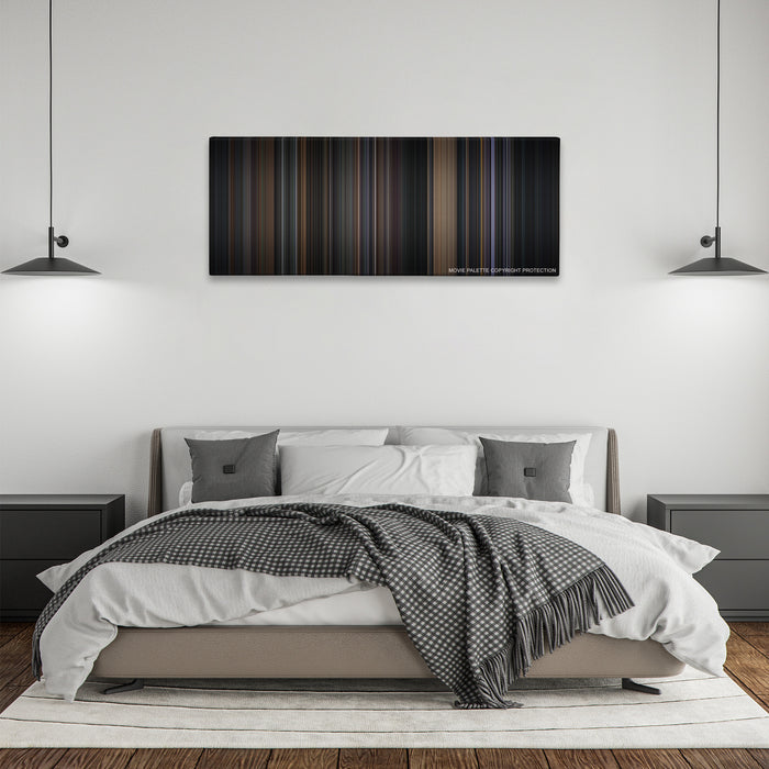 Batman color palette canvas above a bed, between two black pendant lamps