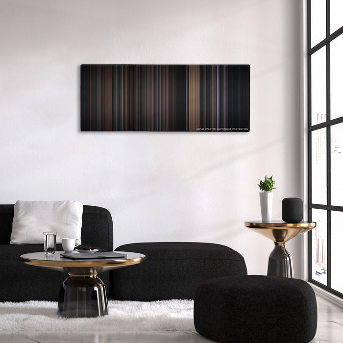 Batman color palette canvas above a black sofa with a gold-topped table