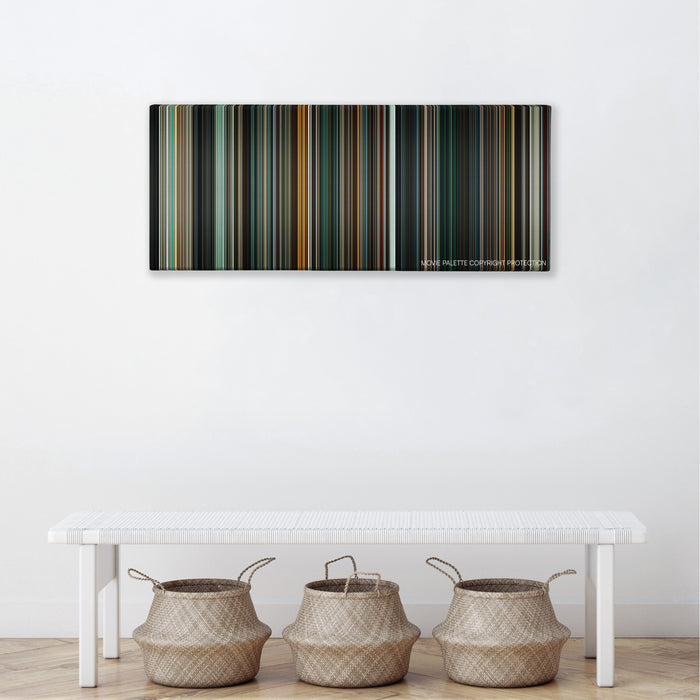 Batman v Superman: Dawn of Justice color palette canvas above a white bench with three woven baskets