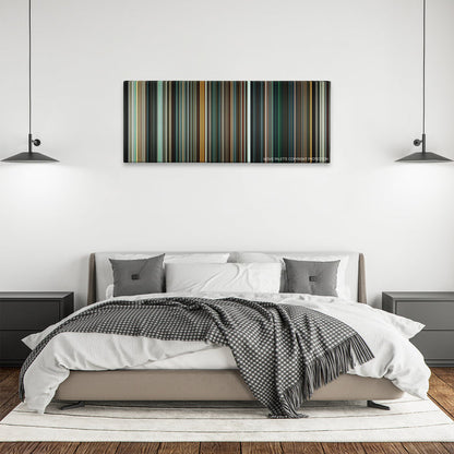 Batman v Superman: Dawn of Justice color palette canvas above a bed, between two black pendant lamps