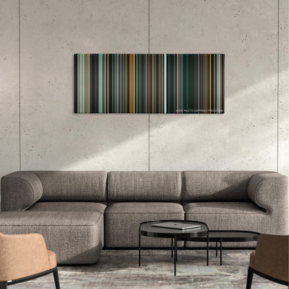 Batman v Superman: Dawn of Justice color palette canvas on a concrete wall above a gray sectional sofa
