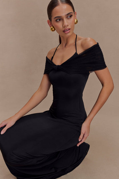 Bernadina Mesh And Slinky Halter Maxi Dress - Black