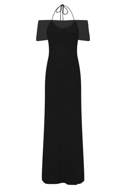 Bernadina Mesh And Slinky Halter Maxi Dress - Black