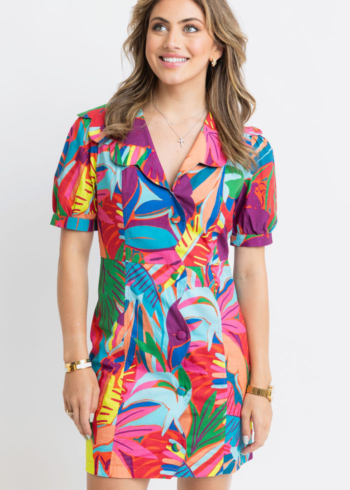 Birds of Paradise Scallop Collar Puff Sleeve Dress