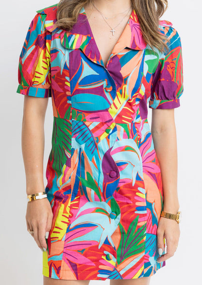 Birds of Paradise Scallop Collar Puff Sleeve Dress