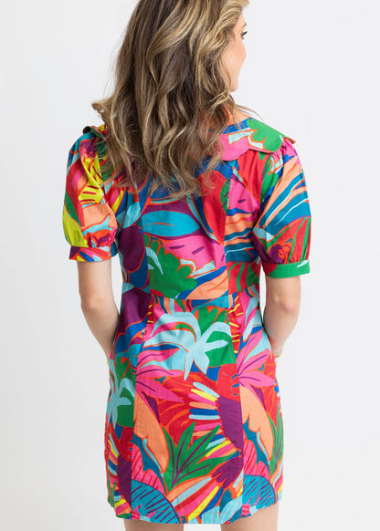 Birds of Paradise Scallop Collar Puff Sleeve Dress