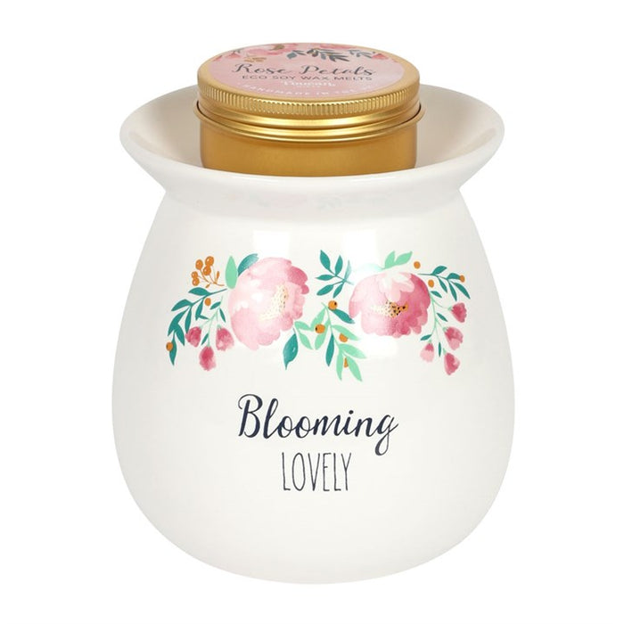 ceramic oil burner with blooming lovely text and floral pattern close up