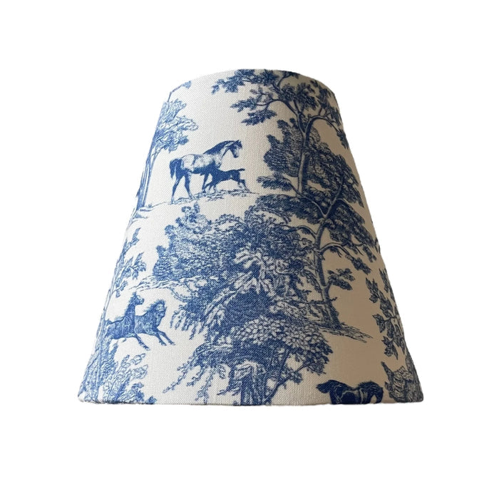 Blue Equestrian Toile Sconce Shade — individual blue horse and tree print shade; Winterborne Decor