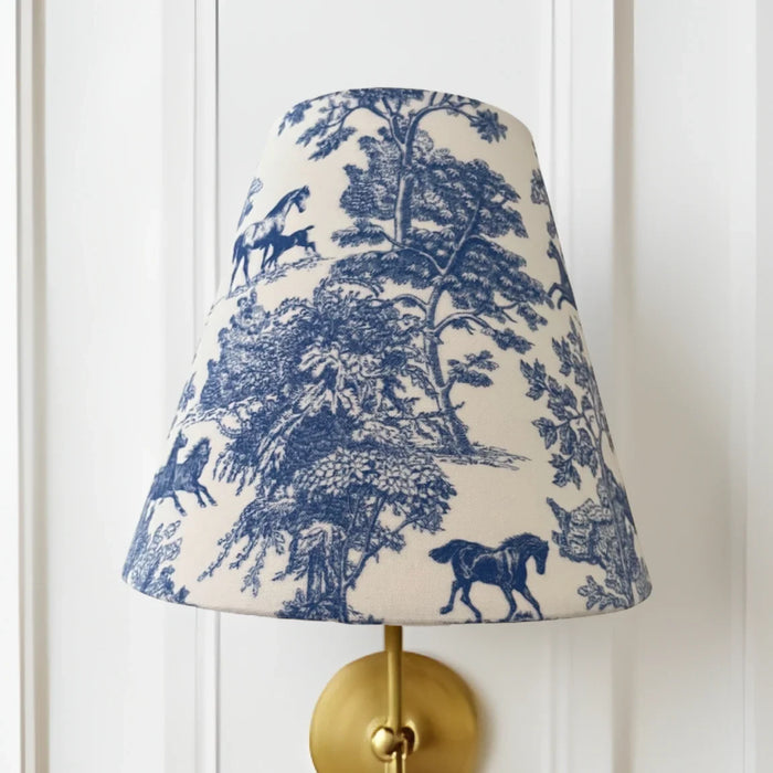 Blue Equestrian Toile Sconce Shade — equestrian toile shade on a wall sconce; Winterborne Decor