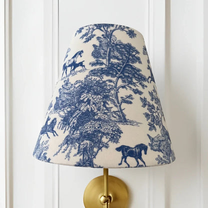 Blue Equestrian Toile Sconce Shade — equestrian toile shade on a wall sconce; Winterborne Decor