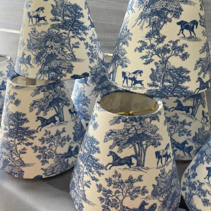 Blue Equestrian Toile Sconce Shade — three matching shades shown together; each sold individually; Winterborne Decor