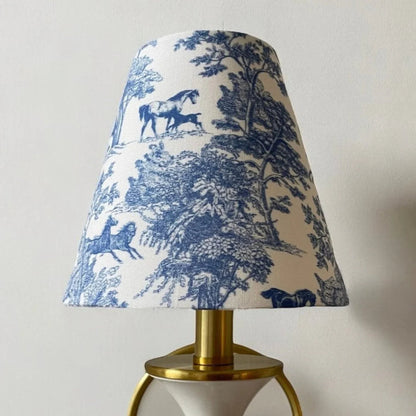 Blue Equestrian Toile Sconce Shade — alternate view of the toile shade; Winterborne Decor