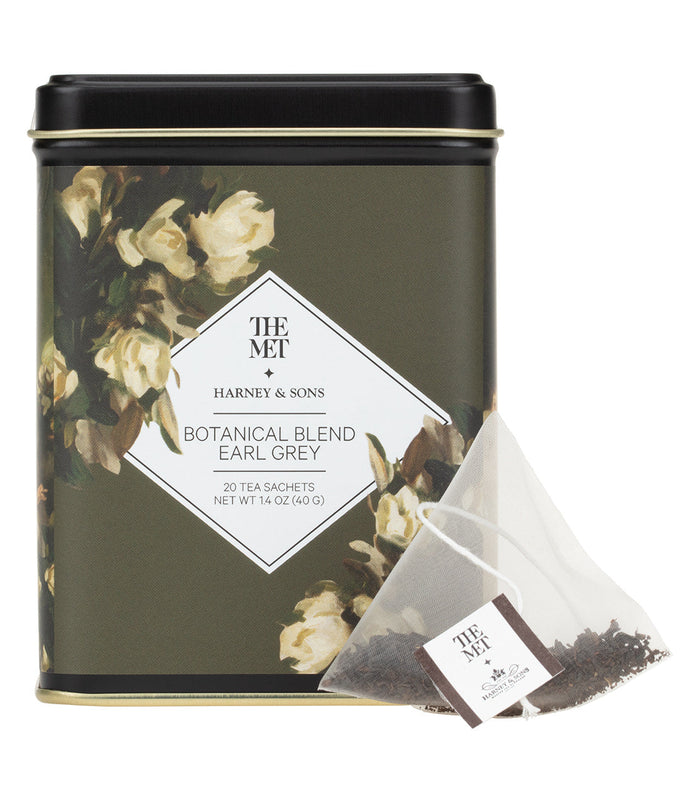 Botanical Blend Earl Grey Tea by Harney & Sons — tea packaging and serving presentation; styled props are separate