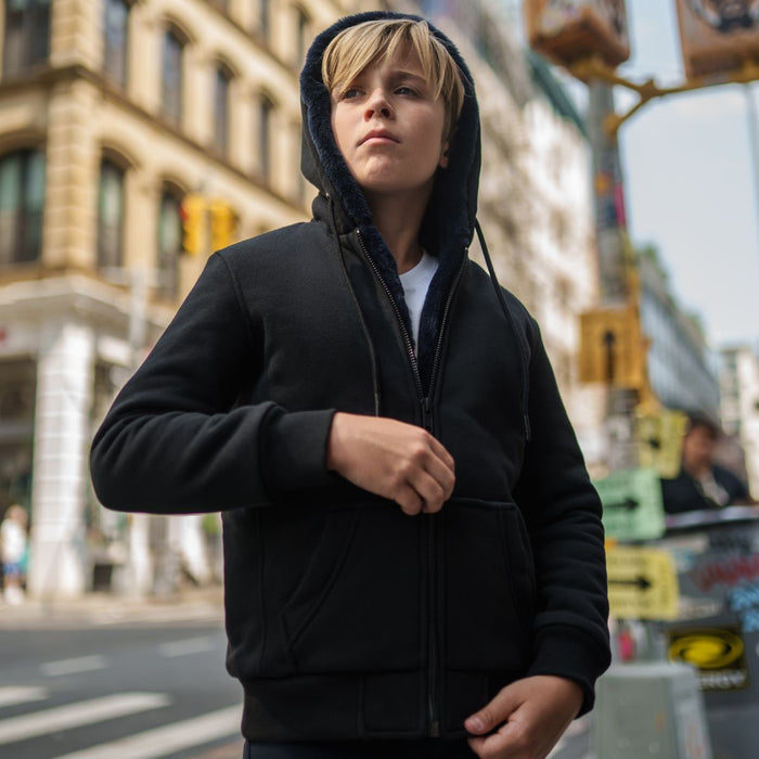 Boy's Black Hoodie with Removable Fur - Black