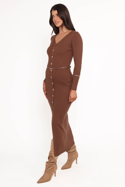 Petal and Pup USA DRESSES Brydie Long Sleeve Midi Dress - Chocolate Brown