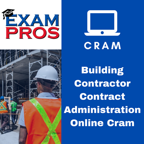 Construction worker in safety vest and helmet at site with Building Contractor Contract Administration Online Cram text and logo