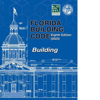 Blueprint style cover of the 2023 Florida Building Code Eighth Edition with official seals on blue background