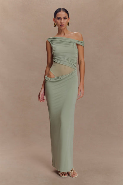 Callen One Shoulder Slinky Maxi Dress - Sage