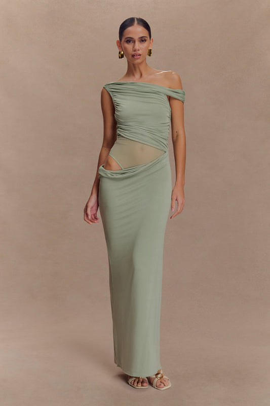 Callen One Shoulder Slinky Maxi Dress - Sage