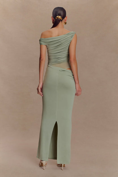 Callen One Shoulder Slinky Maxi Dress - Sage