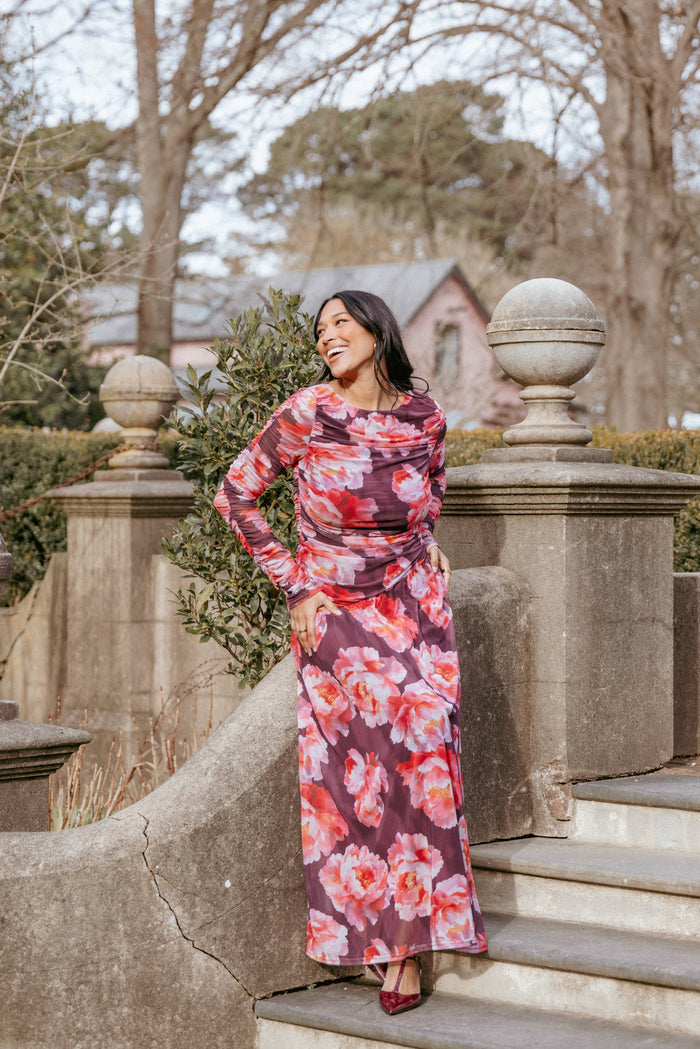 Petal and Pup USA DRESSES Calypso Long Sleeve Maxi Dress - Burgundy Peony