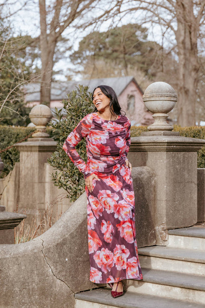 Petal and Pup USA DRESSES Calypso Long Sleeve Maxi Dress - Burgundy Peony