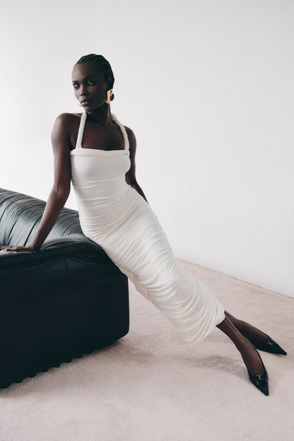 Camila Ruched Halter Midi Dress - Ivory