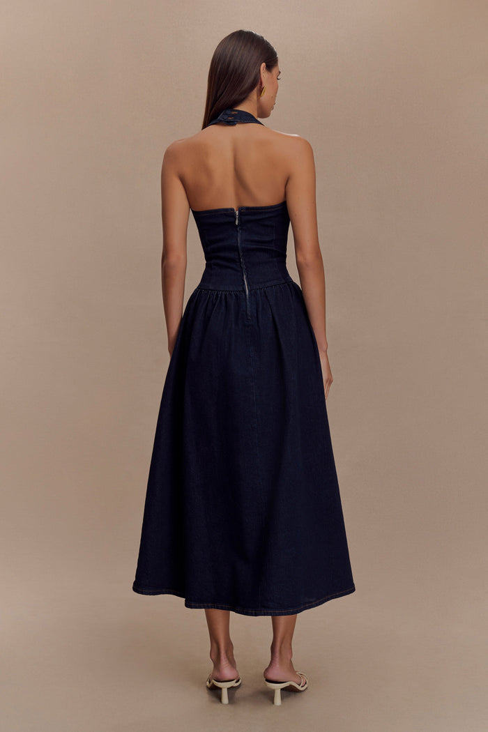 Caroline Denim Halter Midi Dress - Indigo Blue