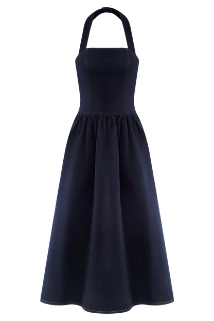 Caroline Denim Halter Midi Dress - Indigo Blue