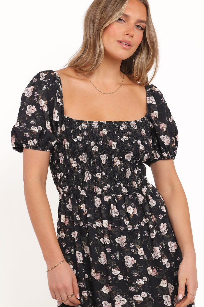 Petal and Pup USA DRESSES Cecelia Puff Sleeve Maxi Dress - Black Floral (Hold for Amazon)