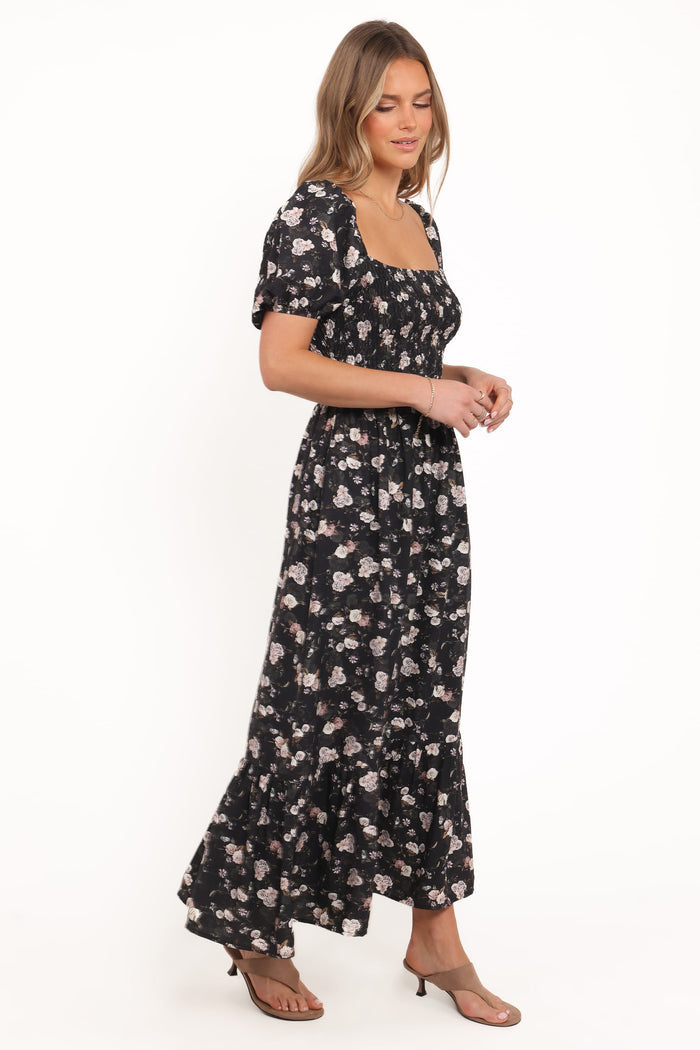 Petal and Pup USA DRESSES Cecelia Puff Sleeve Maxi Dress - Black Floral (Hold for Amazon)