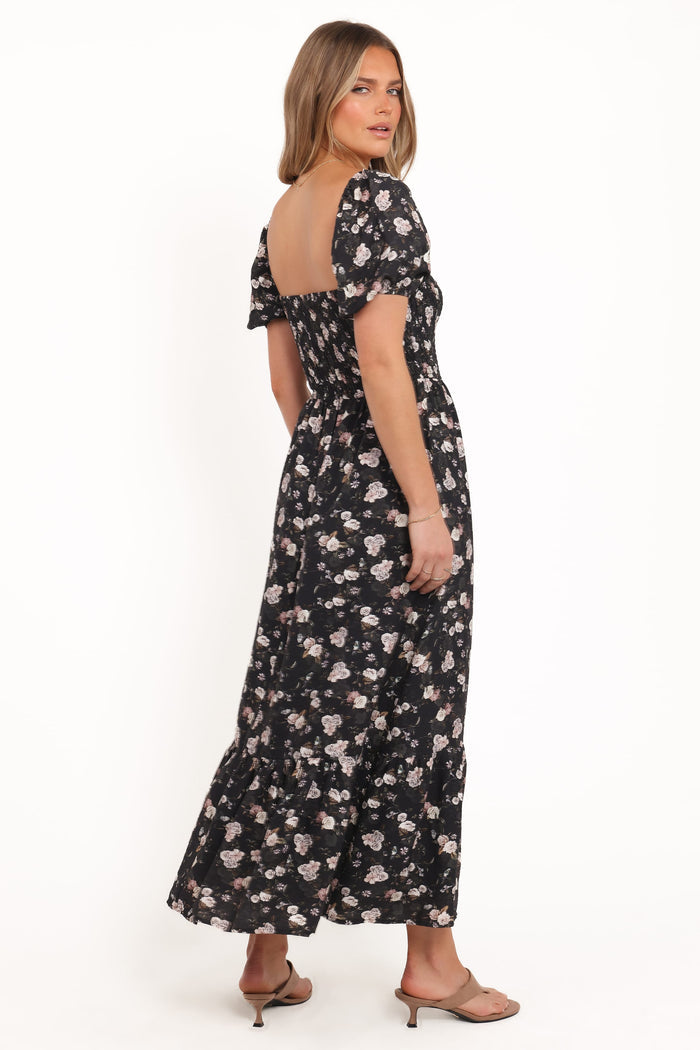Petal and Pup USA DRESSES Cecelia Puff Sleeve Maxi Dress - Black Floral (Hold for Amazon)